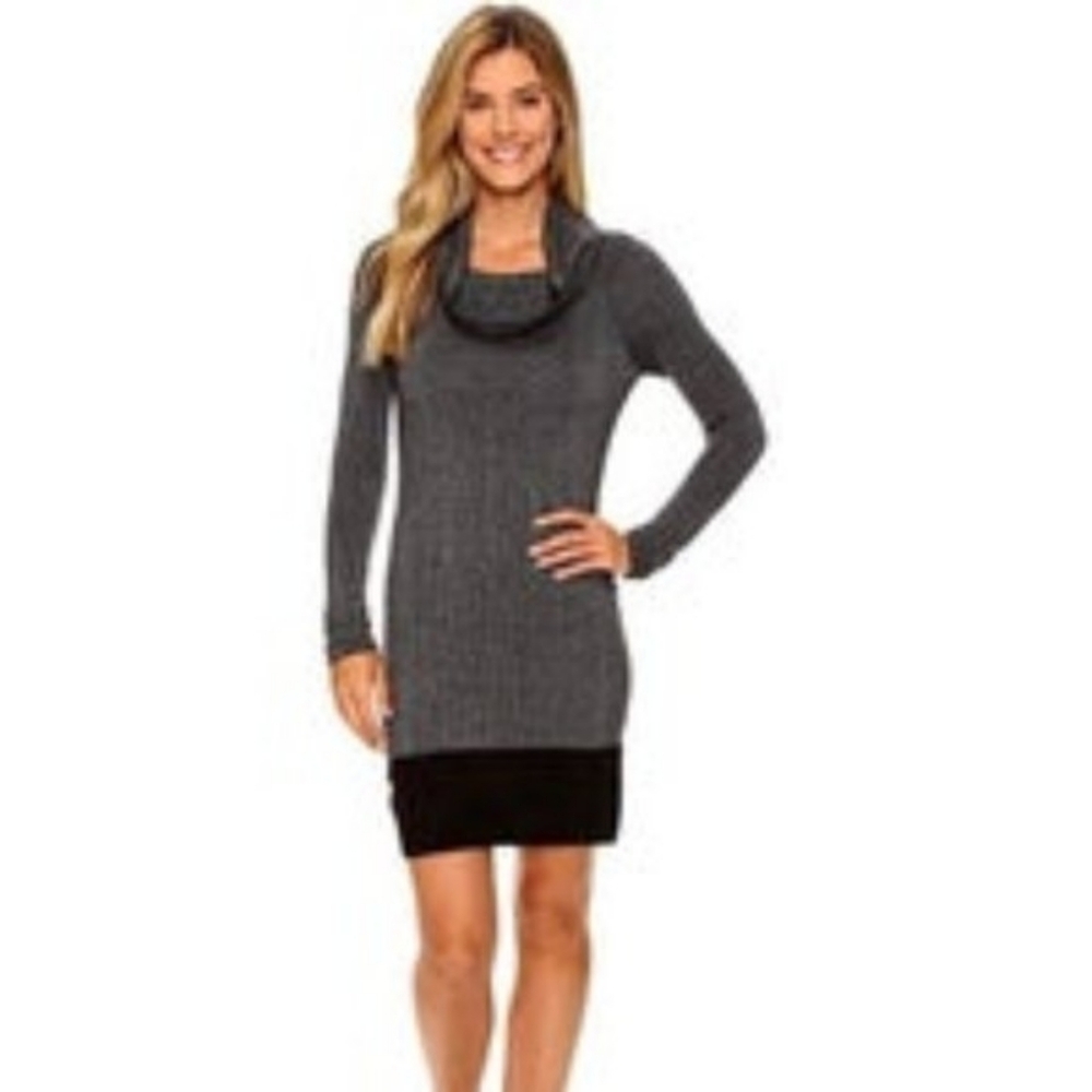 100% Merino Wool Women's Gray And Blue Cowl Neck Sweater Dress